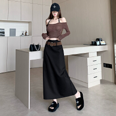 批发实拍复古咖色半身裙秋冬季设计感高腰a字裙时尚<b class='q'>百搭</b>后开叉中长裙