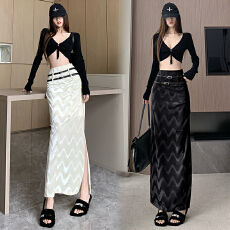 批发黑色水波纹丝绒半身裙女秋季双腰带高腰侧开叉a字修身直筒包臀裙