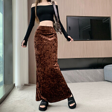 批发金钻丝绒半身裙女2025秋<b class='q'>冬</b>新款高腰直筒裙后开叉高端长裙气质显瘦