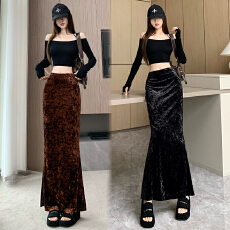 批发黑色丝绒半身裙女秋<b class='q'>冬</b>季休闲长裙百搭气质高腰显瘦修身鱼尾包臀裙