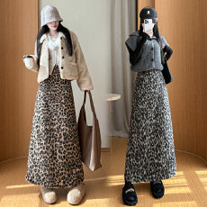 批发复古豹纹加厚<b class='q'>半身裙</b>女2025冬季高腰显瘦开叉时尚气质毛呢直筒长裙