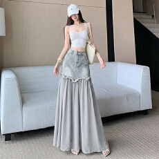 批发旅游度假牛仔拼接休闲垂感叠穿春夏<b class='q'>百搭</b>薄款修身垂感设计感半身裙