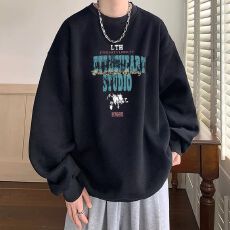 批发<b class='q'>港风</b>潮流美式复古慵懒风重磅圆领卫衣男秋冬宽松百搭加绒痞帅