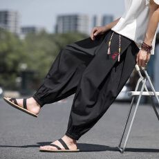 批发2-300斤新中式男束脚冰丝裤子垂感速干宽松大码中国风运动阔腿裤