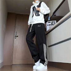 批发大码2-300斤运动卫裤男秋款慵懒风三条杠裤子垂感宽松休闲直筒裤