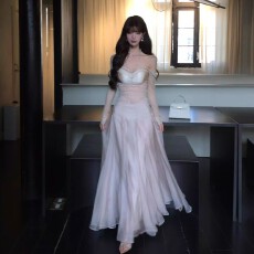 纯欲风性感辣妹V领蕾丝长袖打底衫上衣法式复古气质网纱半裙套装