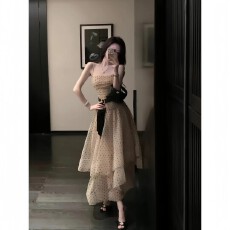 批发夏季新款甜美<b class='q'>波点</b>网纱吊带<b class='q'>连衣裙</b>女收腰高腰无袖气质不规则裙摆