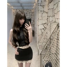 批发夏日信笺 法式纯欲风蕾丝拼接无袖上衣高腰显瘦<b class='q'>修身</b>包臀短裙套装