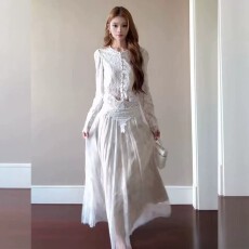 批发法式纯欲风修身蕾丝千金套装女秋季短款长袖上衣搭配<b class='q'>半身裙</b>两件套