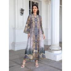 批发中东跨境穆斯林女装长袍雪纺印花烫钻女长裙连衣裙Abayas