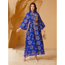 批发中东跨境穆斯林民族女装珠片烧花晚礼服泡泡袖连衣裙jalabiy