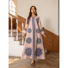 批发穆斯林居家服波西米亚风印花烫钻钉珠圆领长袍女Abaya中东风