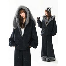 批发特殊亮片定制-原版做旧美式满天星兔耳朵冬加绒套装宽松慵懒