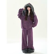 批发葡萄紫毛绒兔耳朵连帽卫衣女冬季加绒亮片设计感宽松休闲裤套装