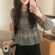 韩系春季法式温柔甜美木耳边皱褶收腰显瘦荷叶袖薄款雪纺衫上衣