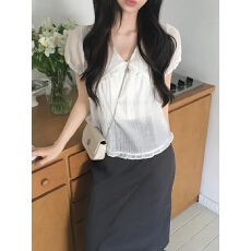 批发chic 韩系夏季甜美木耳边V领微透宽松百搭<b class='q'>衬衫</b>上衣