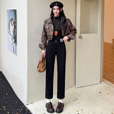 批发双扣黑色烟管直筒<b class='q'>牛仔裤</b>女小个子高腰显瘦显高宽松<b class='q'>九分</b>窄版百搭裤