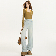 批发秋季阔腿直筒<b class='q'>牛仔裤</b>女2025年新款小个子高腰垂感遮胯显瘦窄版裤子