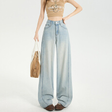 批发浅蓝阔腿<b class='q'>牛仔裤</b>女春季2026新款梨形身材显瘦高腰宽松直筒拖地裤子