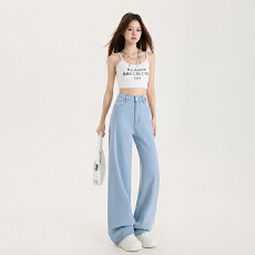 批发莱赛尔阔腿牛仔裤女夏季高腰显瘦垂感小个子直筒宽松拖地<b class='q'>裤子</b>