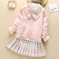 批发女童jk套装学院风2025秋季新款洋气女孩<b class='q'>开衫</b><b class='q'>毛衣</b><b class='q'>儿童</b>百褶裙三件套