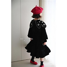 批发甜美女孩重工大翻领丝绒连衣裙2025新款洋气女童裙子赫本风公主裙