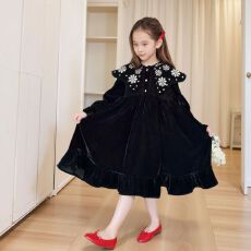 批发甜美女孩重工大翻领丝绒连衣裙2025新款洋气女童裙子赫本风公主裙