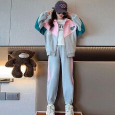 批发<b class='q'>女童</b>拼<b class='q'>色</b>套装春秋季2026新款<b class='q'>韩版</b>洋气儿童连帽卫衣<b class='q'>外套</b>运动两件套