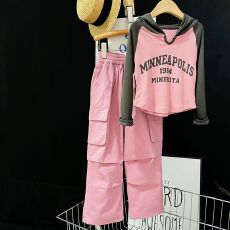 批发女童直筒裤秋季2026新款韩版中大<b class='q'>儿童</b>休闲洋气工装裤连帽T恤长袖