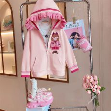 批发女童连帽外套春秋季2025新款<b class='q'>韩版</b>洋气中大童拼色卡通拉链帽衫卫衣