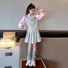 批发<b class='q'>女童</b>拼<b class='q'>接</b>套装2026春秋新款洋气学院风女孩假两件衬衫<b class='q'>半身裙</b>两件套