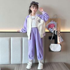 批发<b class='q'>女</b><b class='q'>童</b>拼色套装春秋季2025新款韩版洋气卡通插肩袖开衫裤子<b class='q'>三件套</b>潮