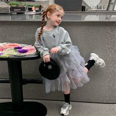 批发女童洋气时髦灰色卫衣裙2025秋季<b class='q'>韩版</b>中小童宝宝拼接纱裙连衣裙子