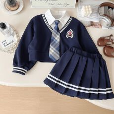 批发女童学院风套装2026<b class='q'>春</b>秋新款儿童秋季假两件领带上衣半身裙两件套