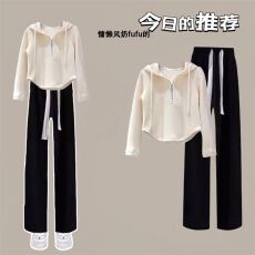 批发<b class='q'>女童</b>春<b class='q'>秋</b>纯色<b class='q'>套装</b>2025新款学院风短款时髦长袖拉链抽绳上衣两件套