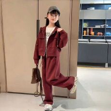 批发<b class='q'>女童</b>纯<b class='q'>色</b>套装2025春秋新款中大童洋气时尚连帽<b class='q'>开衫</b>外套卫裤两件套