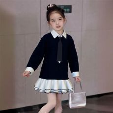 批发<b class='q'>女</b><b class='q'>童</b><b class='q'>连衣裙</b>2026春秋新款洋气学院风甜美纯色拼接polo领长袖卫衣裙