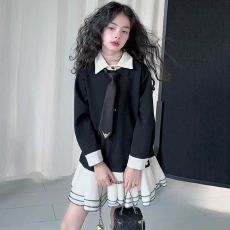 批发女童连衣裙学院风撞色假两件2025春款<b class='q'>儿童</b>卫衣裙中大童荷叶边短裙