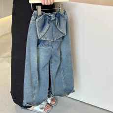 批发女童蝴蝶结牛仔裤2025<b class='q'>春</b>秋时髦儿童裤子中大童宽松韩版别致阔腿裤