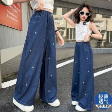 批发<b class='q'>女</b><b class='q'>童</b><b class='q'>阔腿裤</b><b class='q'>秋</b><b class='q'>季</b>2025新款洋气中<b class='q'>大</b><b class='q'>童</b>时髦蝴蝶结休闲薄款绣花<b class='q'>牛仔裤</b>