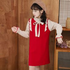 批发女童毛衣裙春秋2025新款<b class='q'>儿童</b>打底裙女孩红色蝴蝶结<b class='q'>连衣裙</b>洋气潮流
