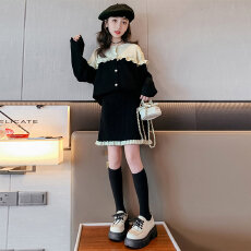批发<b class='q'>女童</b><b class='q'>套</b>装裙秋款新款韩版儿童洋气小女孩拼色<b class='q'>开衫</b>上衣半身裙两件套