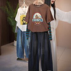 批发<b class='q'>女童</b>韩系<b class='q'>假两件</b>长袖T袖套装春秋款2025新款秋季<b class='q'>牛仔</b>弯刀裤阔腿裤