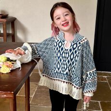 批发女童菱格毛衣秋<b class='q'>冬</b>2025新款洋气儿童秋装女孩重工灯笼袖针织衫上衣