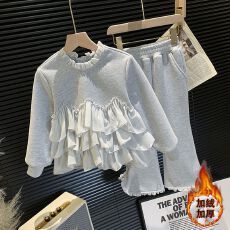 批发女童冬季加绒套装2025新款洋气儿童花边卫衣喇叭裤<b class='q'>休闲</b>运动两件套