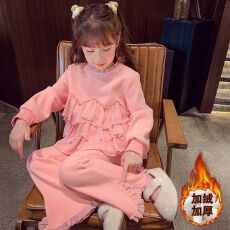 批发女童冬季<b class='q'>休闲</b>套装2025新款洋气女孩花边卫衣喇叭裤运动加绒两件套