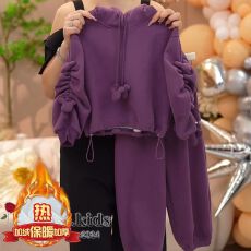 批发女童加绒纯色套装秋冬季2025新款儿童洋气女孩连帽卫衣卫裤两件套