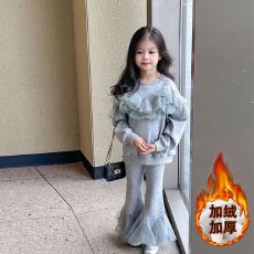 批发女童加绒套装秋冬季2025新款儿童网纱拼接卫衣女孩喇叭裤两件套潮
