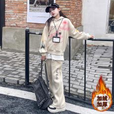 批发女童加绒加厚套装秋冬季2025新款大童连帽卫衣女孩阔腿裤两件套潮