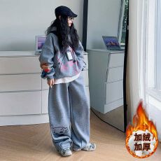 批发女童加绒套装秋冬装2025新款中大童时髦女孩连帽卫衣卫裤两件套潮